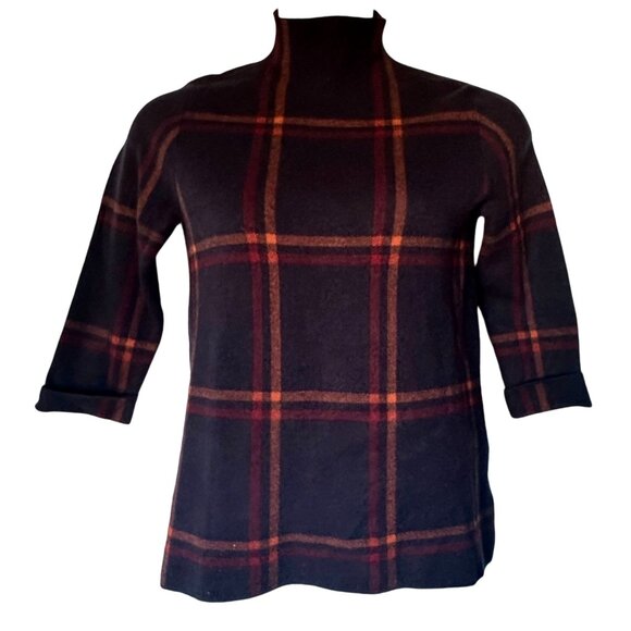 Max Studio Plaid Preppy Mock Neck Boxy Sweater Navy Red Size M - Picture 1 of 8